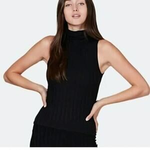 LETT Black Sleeveless Mock Neck Ribbed Top, Capsule, Staple, minimalist Career L